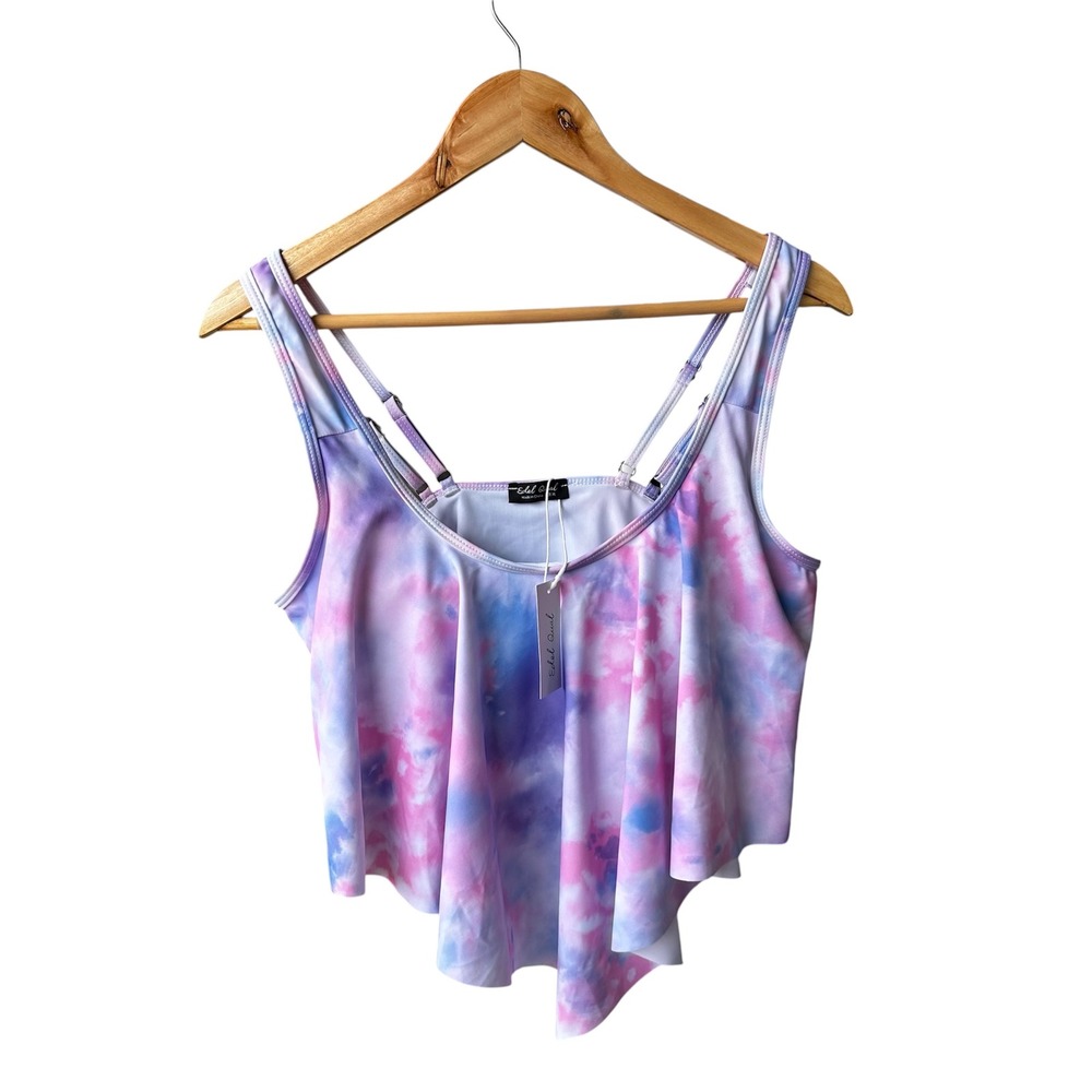 Edel Qual Tankini Swim Top Pink Purple Tie Dye Flounce Bikini Top Straps XL NWT